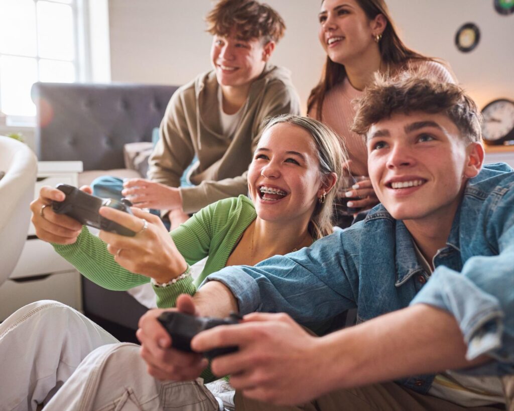 Teenagers with orthodontic treatment.